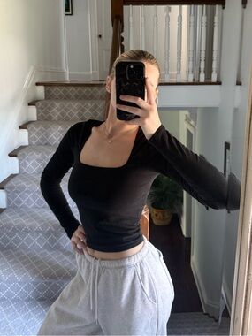 Garage Square Neck Black Long-Sleeve Top